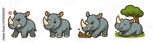 Cute rhino cartoon icons, safari animals
