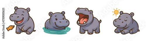 Cute hippo cartoon icons, river animals
