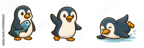 Cute penguin cartoon icons, arctic animals
