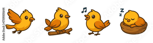 Cute yellow birds cartoon set