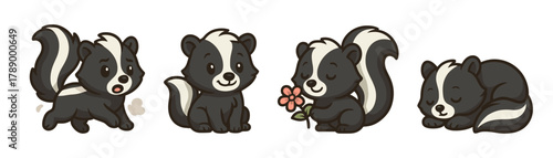 Cute skunk cartoon set, forest animal