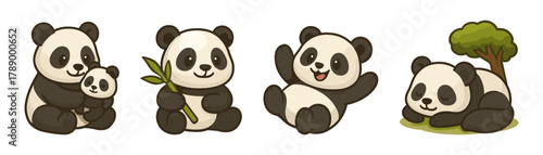 Cute panda cartoon set, baby panda family