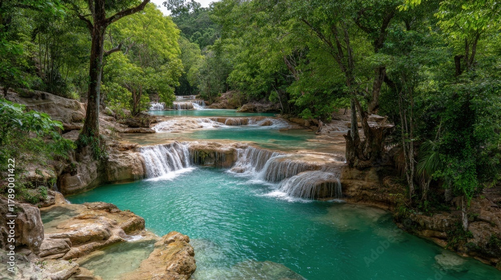 Naklejka premium Clear turquoise waters flow over rock formations and create small waterfalls. The area is rich with lush trees and a peaceful ambiance perfect for nature lovers seeking tranquility.