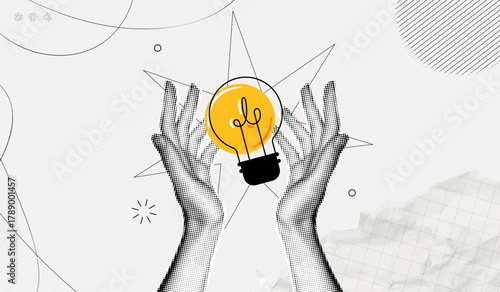 Trendy Halftone Collage Two Hands holds lightbulb. Creative mind or brainstorm. Create creative idea concept. Business solutions. Think outside the box. Marketing time. Contemporary vector art