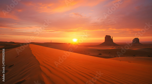 Vibrant desert sunrise casts fiery orange glow over sculpted sand dunes and iconic sandstone monoliths