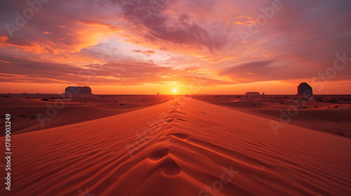 Dramatic desert sunset with fiery orange sky over sand dunes and distant rock formations