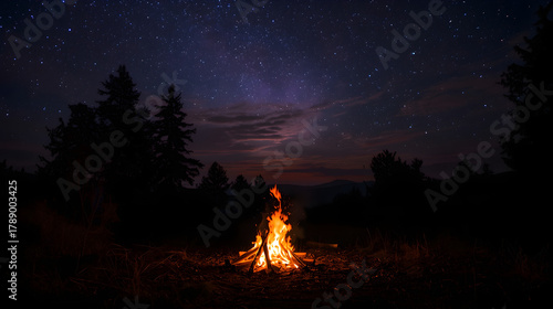 Glowing campfire embers illuminate dark forest clearing under star-filled night sky with wispy clouds