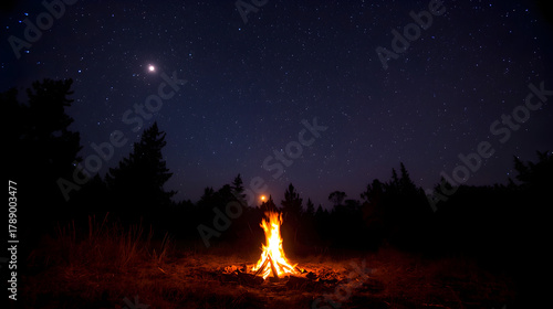 Glowing campfire under star-filled deep blue night sky in forest clearing