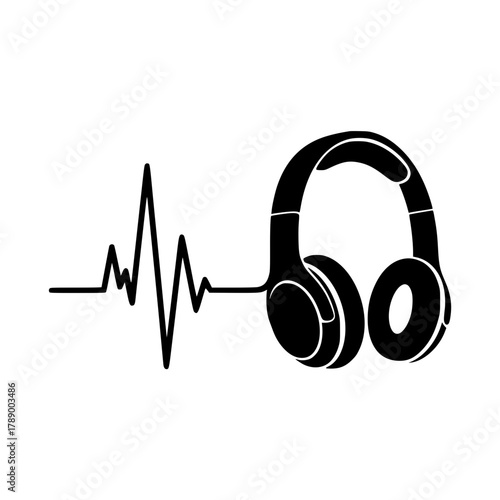 A stylized monochrome image of a headphone with a sound wave. Emphasizing the fusion of technology and audio.  vector illustration