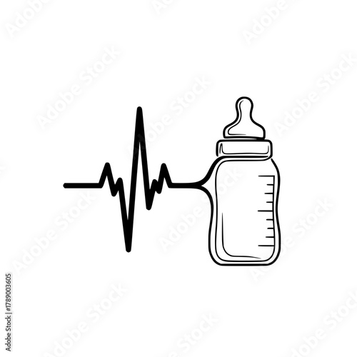 A symbolic illustration depicts a baby bottle connected to a heartbeat, encapsulating the essence of care. The art captures the crucial bond between nourishment and vitality. vector illustration