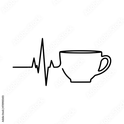 A minimalist line art design combines a coffee cup with an electrocardiogram, symbolizing the energizing and vitalizing effects of coffee. vector illustration