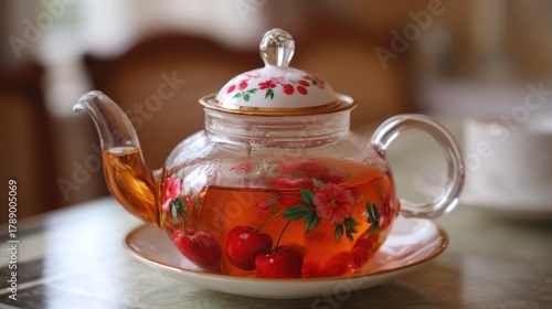 A beautifully designed glass teapot sits on a table filled with amber tea and fresh cherries. The cozy atmosphere invites relaxation during a lovely afternoon tea time.