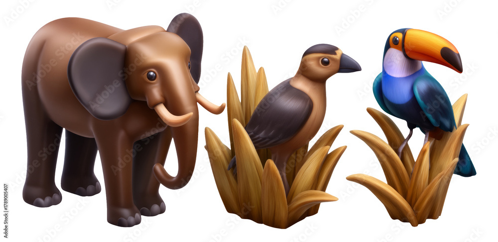 Obraz premium Colorful Elephant and Tropical Birds Among Grass in Isolated Transparent Background