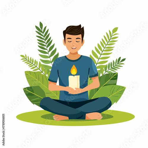 Man meditating in lotus pose holding a lit candle surrounded by green leaves, symbolizing peace and mindfulness and spiritual well-being.
