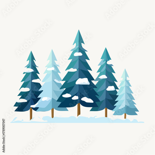 Stylized illustration of a group of snow-covered evergreen trees in varying shades of blue and green on a white background.