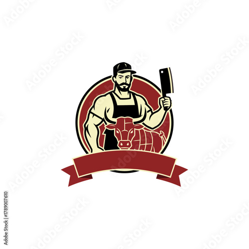 Butcher with meat icon flat vector design.