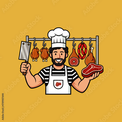 Butcher with meat icon flat vector design.