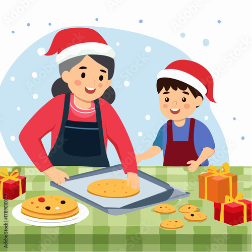 A woman and a young boy wearing Santa hats happily baking Christmas cookies together in a festive setting.