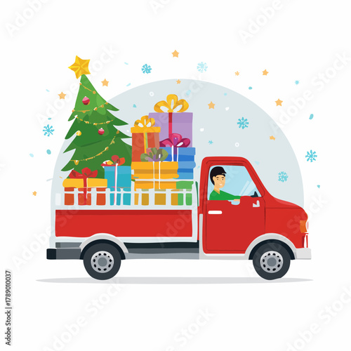 A red pickup truck loaded with a Christmas tree and presents, driving in the snow.