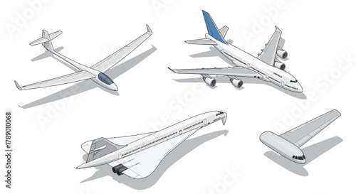 Various Commercial Airplanes in Flight and Parked.