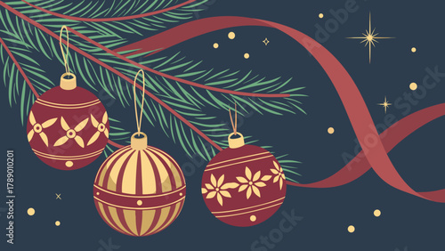 Christmas ornament and ribbon holiday decoration celebration vector festive season design illustration