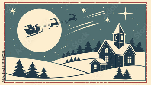 Santa claus christmas eve sleigh ride reindeer flying over snowy landscape winter holiday scene vector art