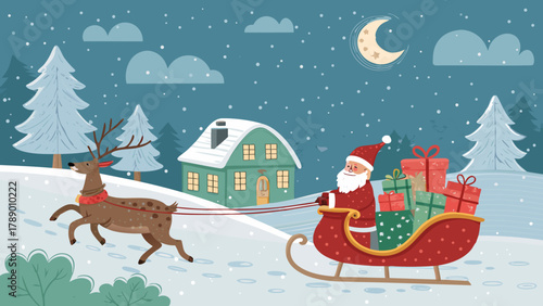 Santa claus sleigh ride christmas scene vector illustration holiday season winter wonderland background