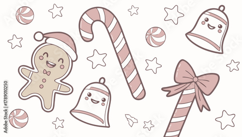 Cute christmas holiday pattern with gingerbread man candy cane stars and bells festive season vector design