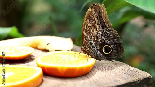 The striking Caligo memnon with its wings closed to protect it, imitating the large eye of an owl. butterfly