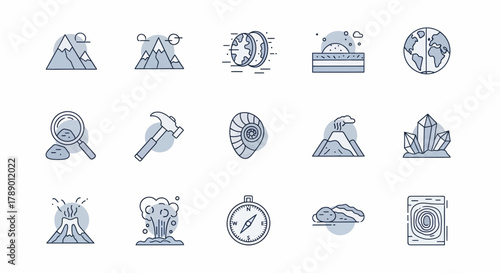 Collection of Geology and Earth Science Icons Representing Natural Phenomena and Tools.