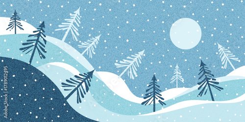 Winter minimalistic landscape, noisy texture, forest and snowfall, setting sun, vector illustration