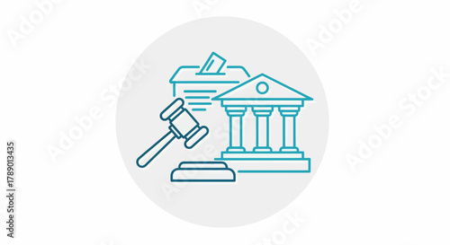 Legal and Government Building with Gavel and Ballot Box.