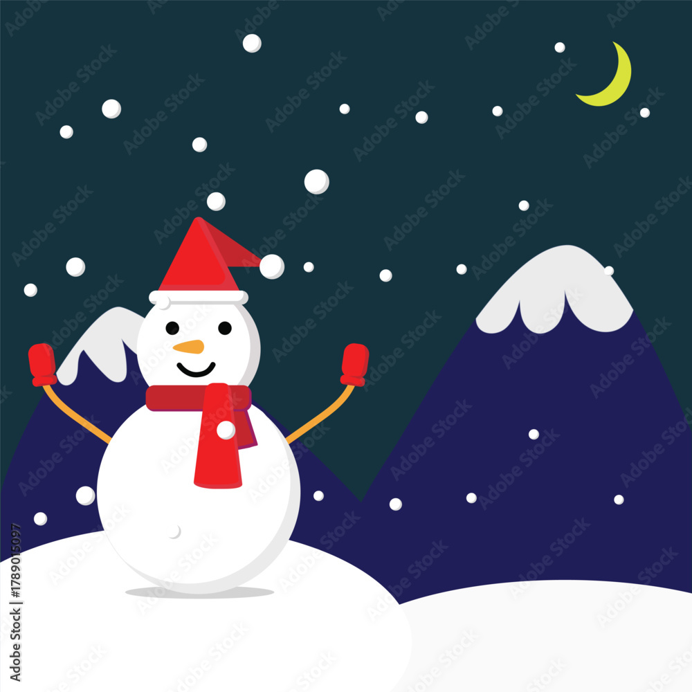 Fototapeta premium Snowman in festive attire smiles under the night sky with snow-covered mountains