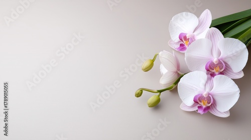 Beautiful white and pink orchids arranged elegantly on a simple background