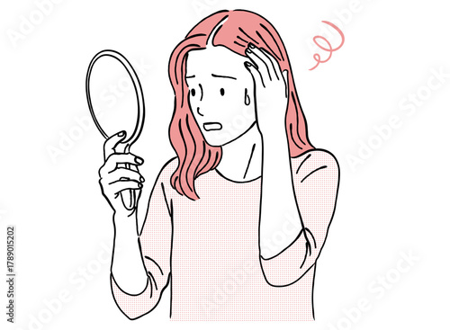 薄毛・抜け毛を心配する女性,FAGA,ヘアケア,髪の悩み,手鏡,シンプル,ベクター.線画