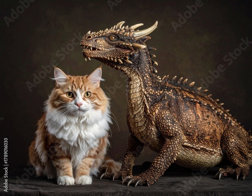 A photo of a cat and a dragon gazing side by side at the camera