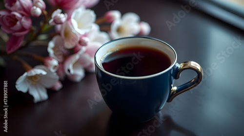 Morning coffee cup with gold accents next to gentle pink flowers on dark surface  