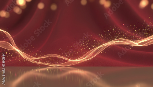 Festive red backdrop with shimmering golden particles and gentle glowing wave light