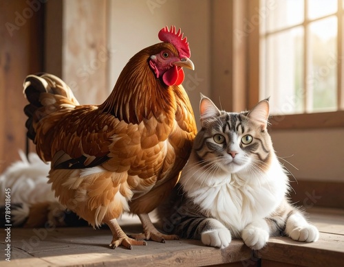 Photo of a cat and chicken looking side by side at the camera