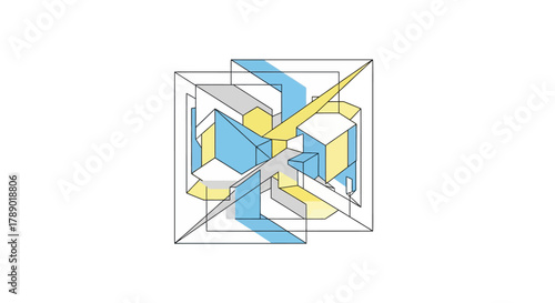 Abstract geometric cube design with blue and yellow accents.