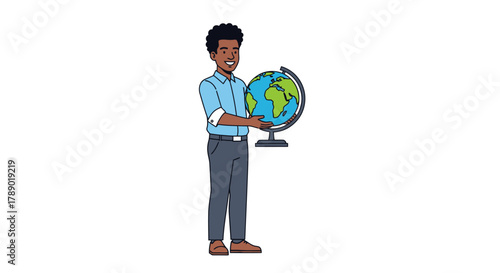 Illustration of a man holding a globe, showcasing geography and exploration.