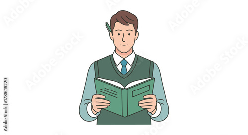 Illustration of a man in a sweater vest reading a book with focus.