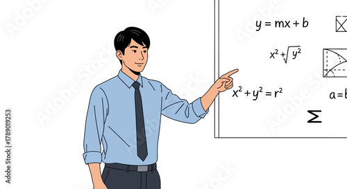 Illustration of a teacher pointing at mathematical equations on a whiteboard, ideal for educational content.