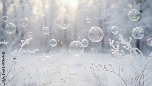 Frosted twigs with sparkling bubbles in peaceful snowy winter forest scene