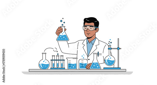 Scientist Conducting Experiment with Beakers and Test Tubes in Laboratory.