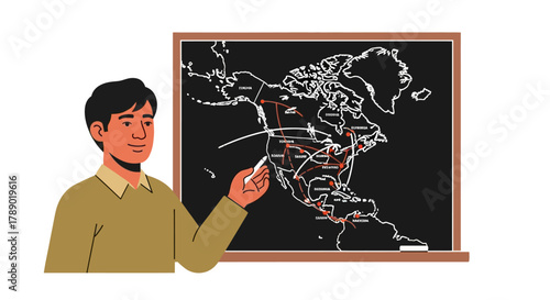 Teacher Explaining Geography on Blackboard with North America Map.