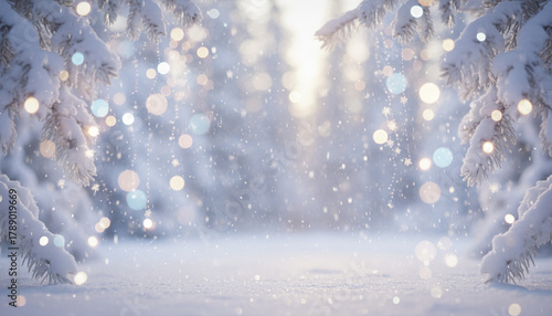 Winter snow covered pine branches with glowing light orbs and falling snowflakes