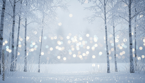 Winter forest with frost covered trees and glowing lights creating magical holiday scene