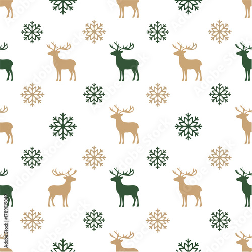 Seamless pattern of green and beige reindeer and snowflakes on a white background with a festive and wintry mood.