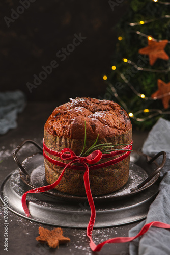 Traditional Panettone with Red Velvet Ribbon and Decor